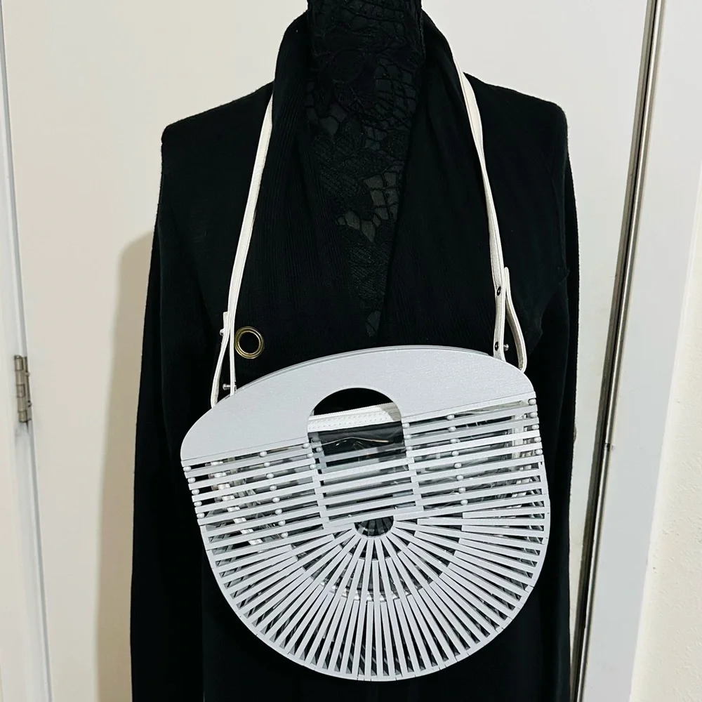 BAMBOO Silver Wooden Clutch Tote Shoulder Bag - Picture 2 of 11